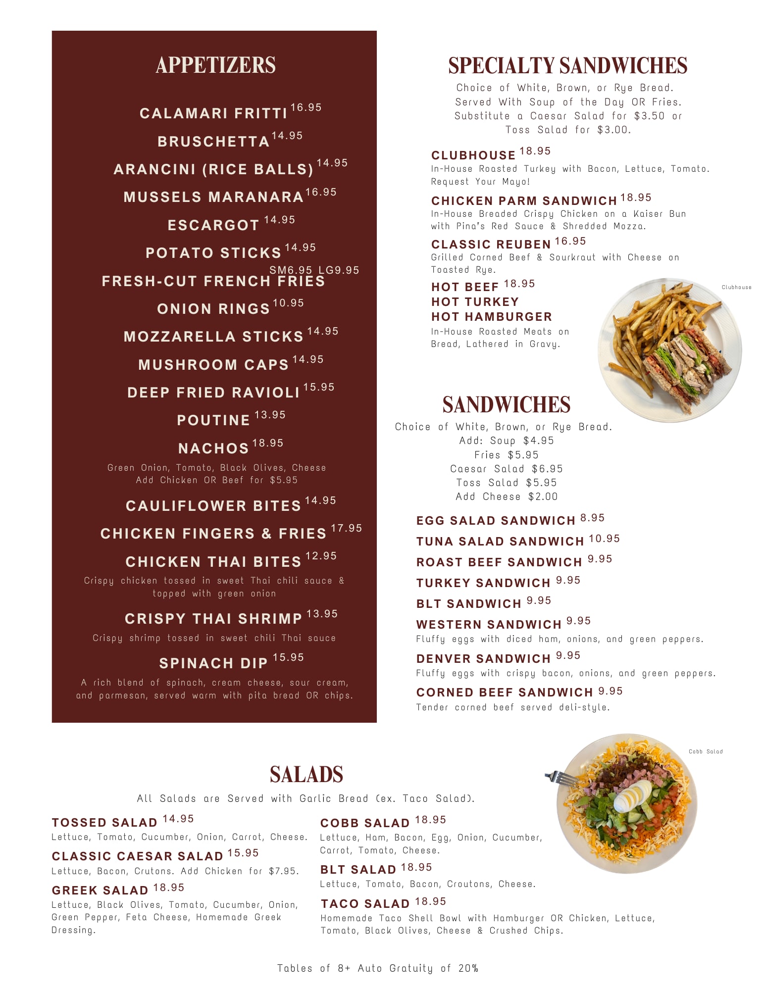 Rosie & Josie menu page: appetizers, specialty sandwiches and salads